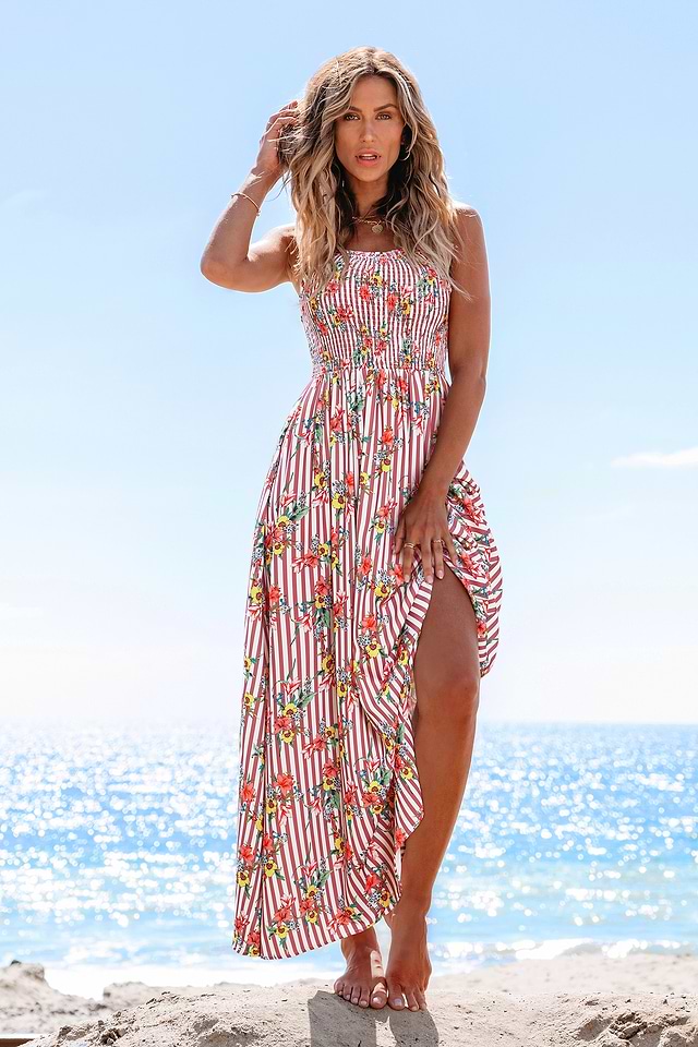 Cheap Vestito Vestito Lungo A Righe Abito Lungo A Righe Con Fiori