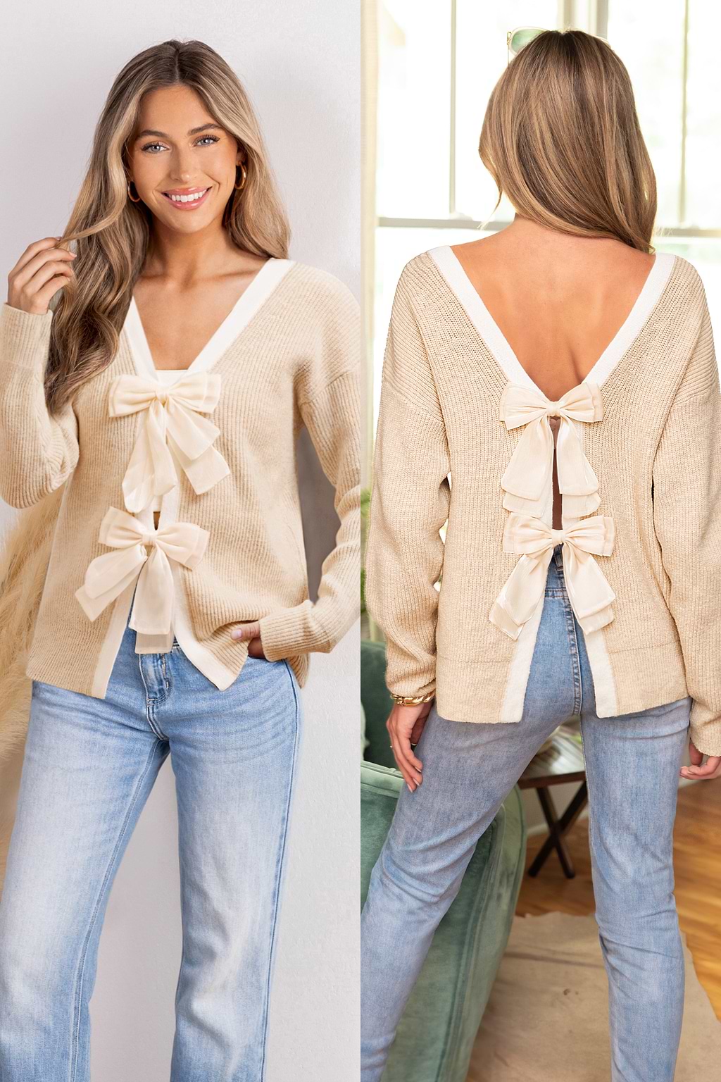 Bow Moment Beige Knitted Jumper