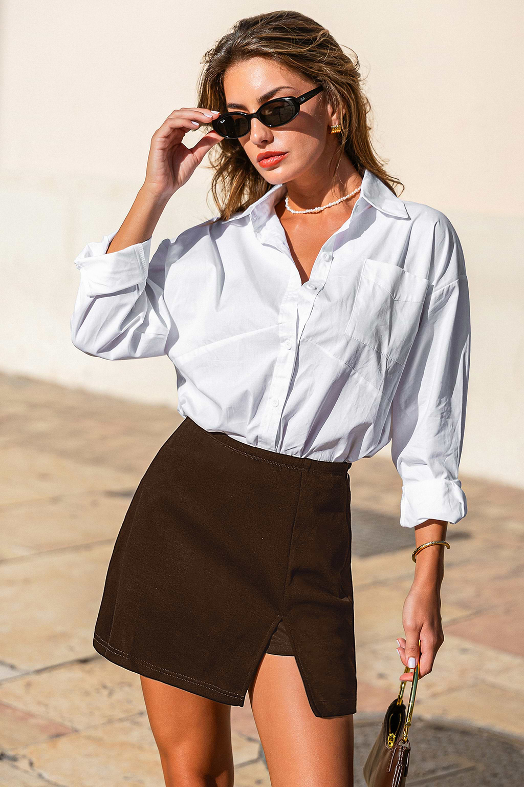 Mini gonna-pantalone color caramello tostato