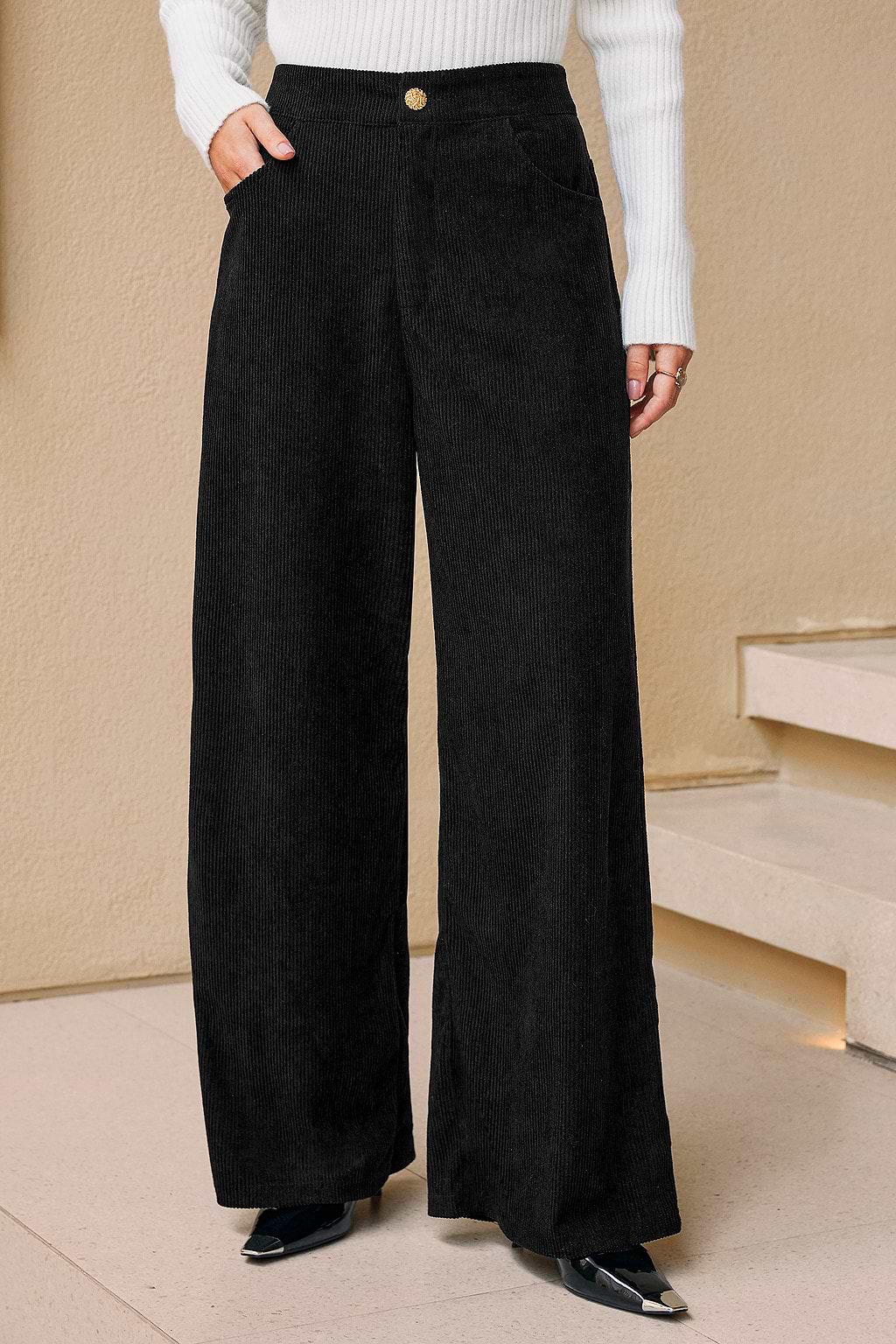 Pantalon noir tissé jambe large