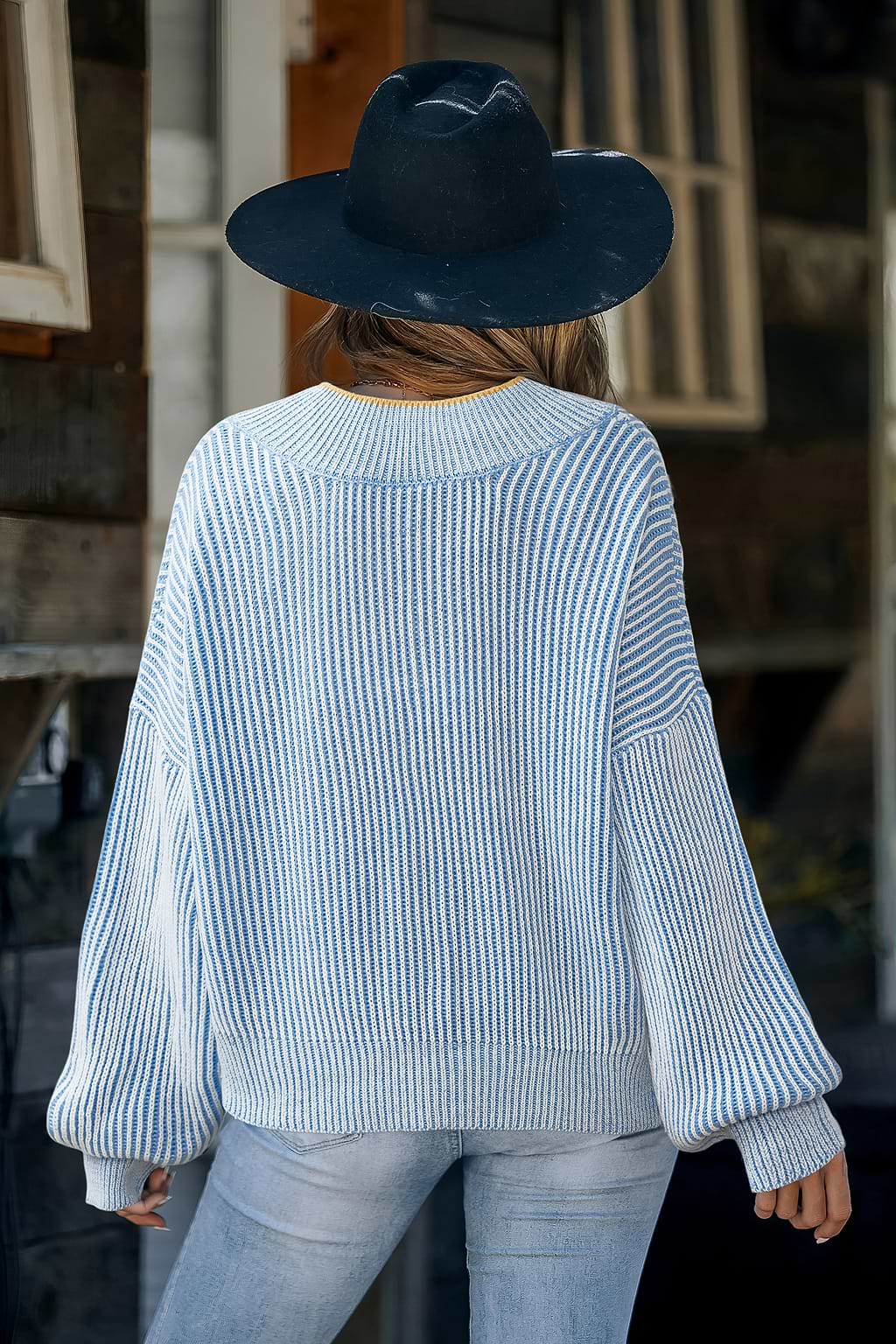 Blauer V-Ausschnitt Lange Ärmel Pullover