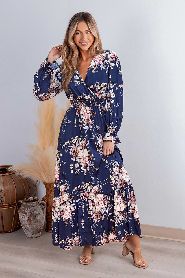 navy blue floral maxi dress Keep Blooming (Navy Blue) 100% Polyester Long Sleeve Dress| Good Day
