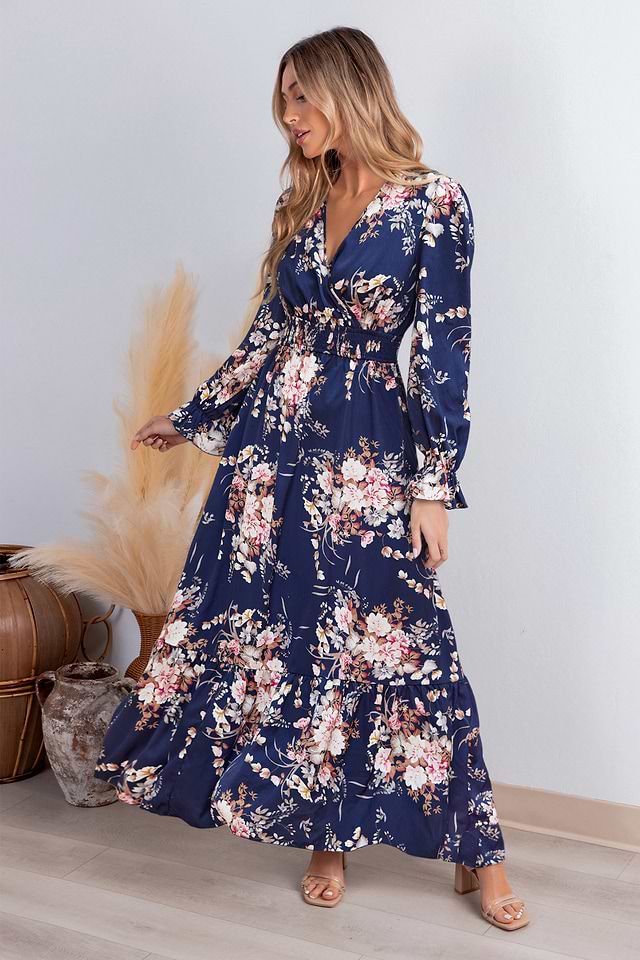 navy floral maxi dress Kamila Tulle tops a full A Long Sleeve Dress| Good Day