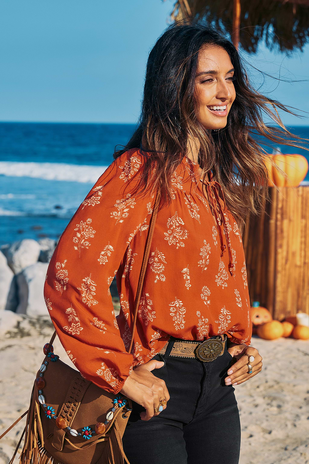 Boho Verziertes Lange Ärmel Top