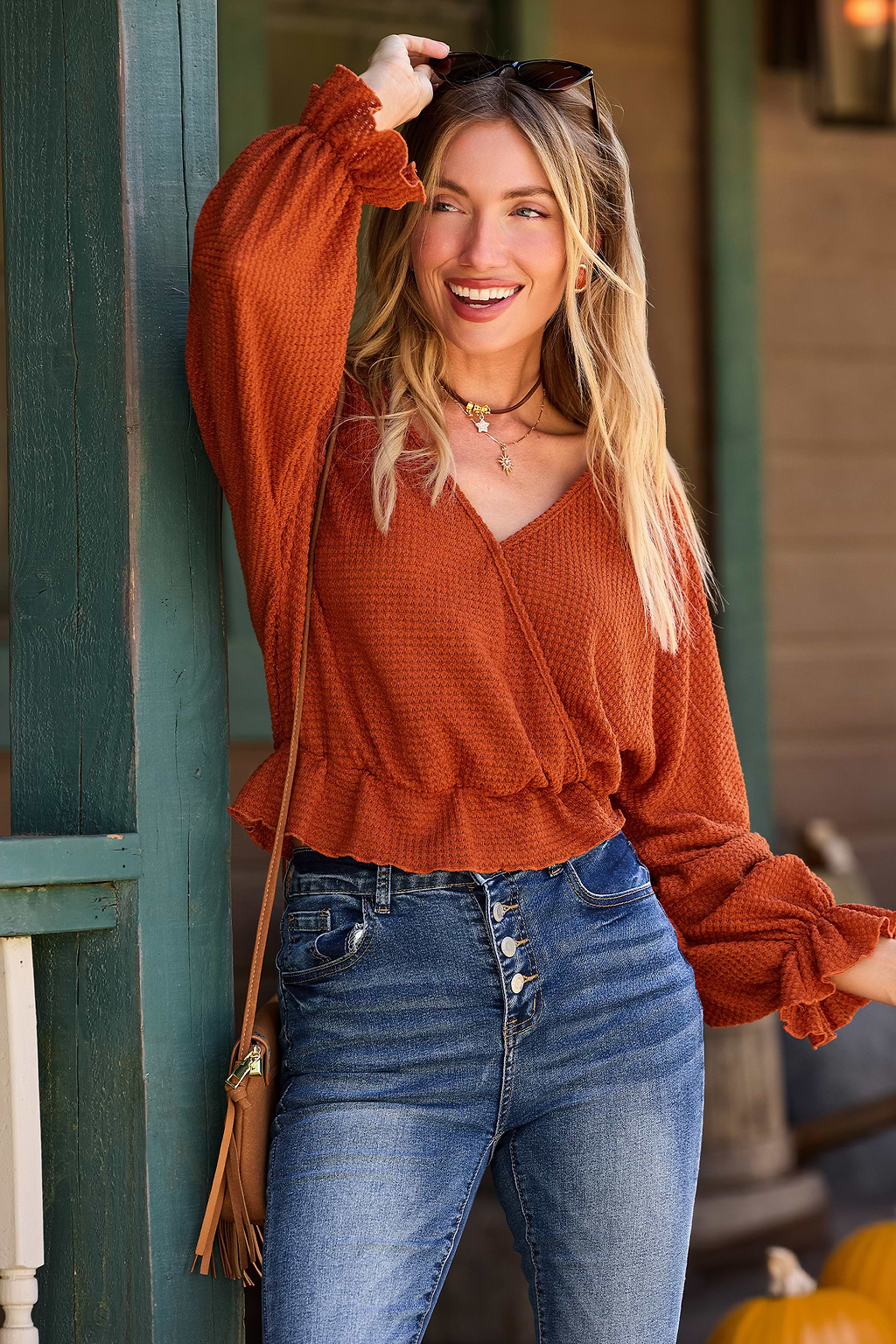 Top orange col surplis manches bouffantes