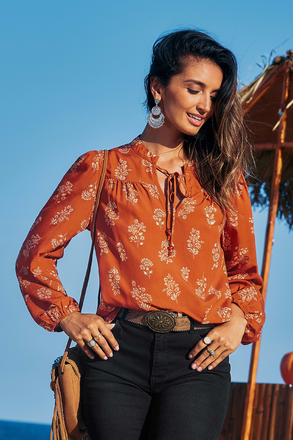 Boho Verziertes Lange Ärmel Top