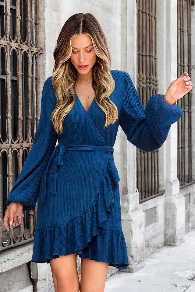 blue mini wrap dress Cute Blue Wrap Mini Dress | Trendy Women's Dresses