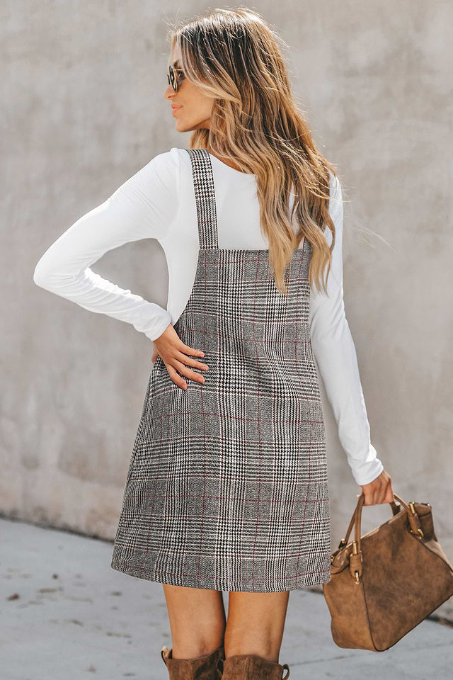 grey plaid mini dress Plaid Pinafore Mini Dress with Pockets for Weekend Outfits