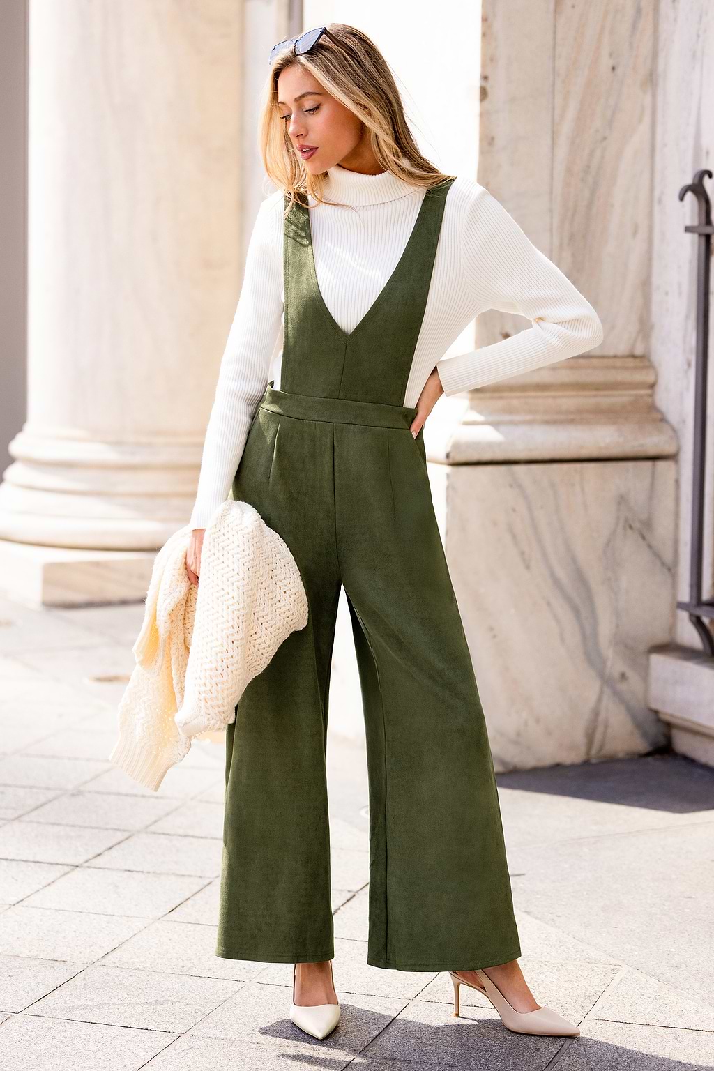 Olivgrüner Tiefer Ausschnitt Jumpsuit