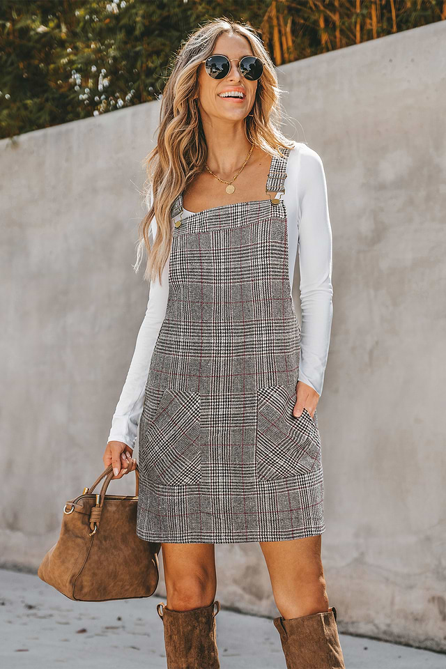 grey plaid pinafore dress Plaid Pinafore Mini Dress with Pockets for Weekend Outfits