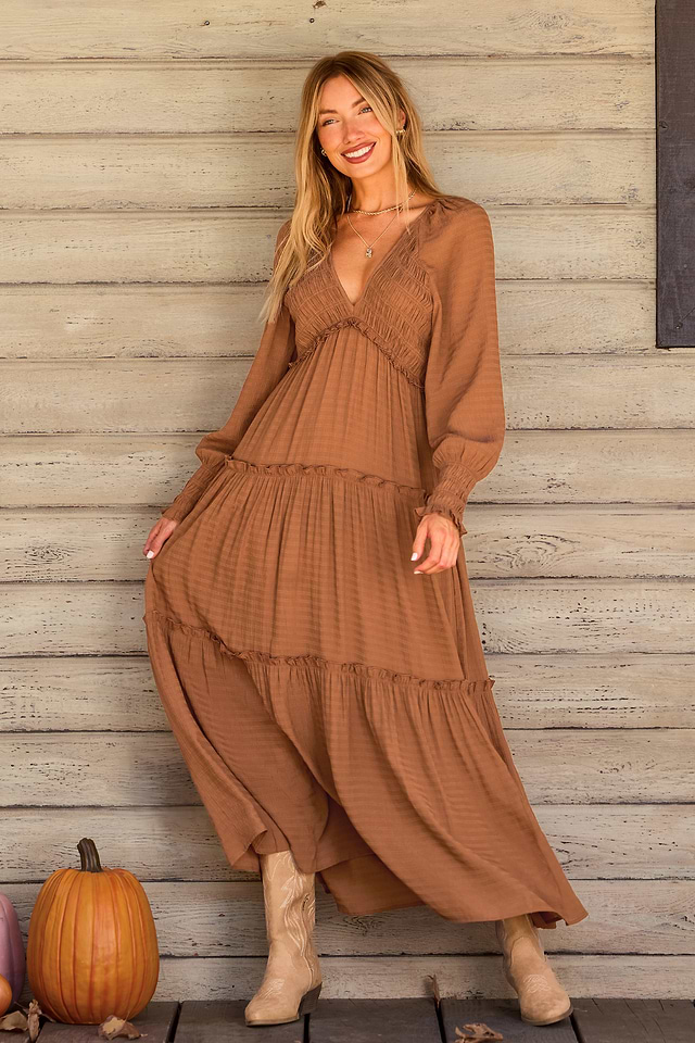brown wedding guest dress plus size - Formal Long Sleeve A Line V Neck Midi Dress LowStock:43916225282099 drenched moment Bridesmaid Dress Plus Size Cup:DD（E）