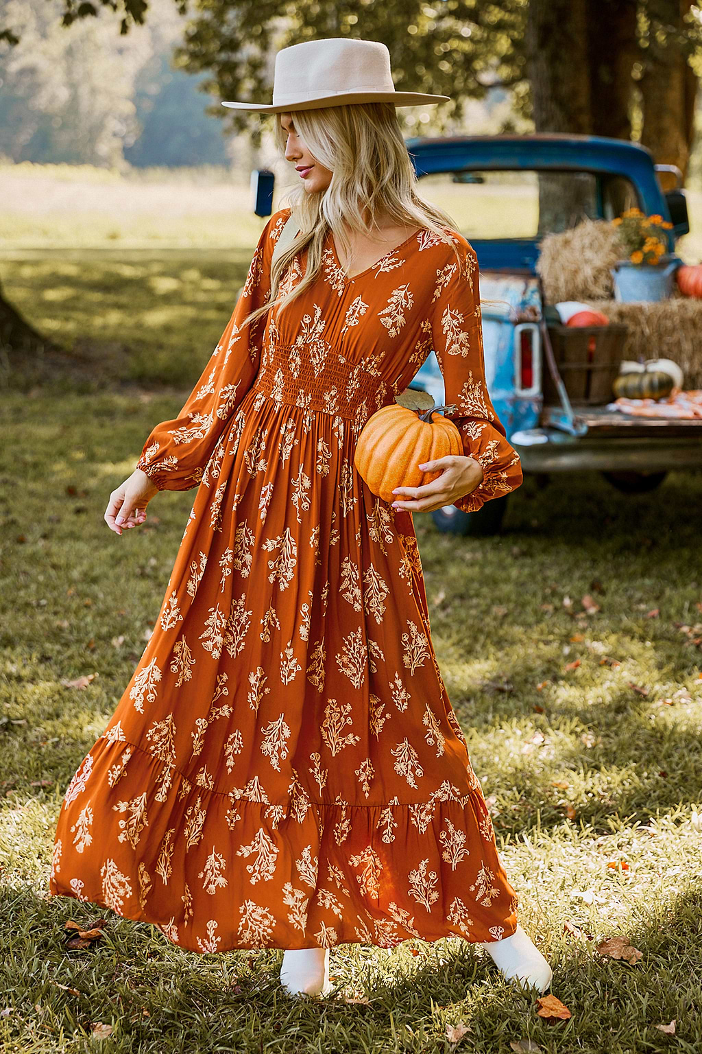 Burnt Orange Floral Blouson Sleeve Smocked Waist Maxi Dress