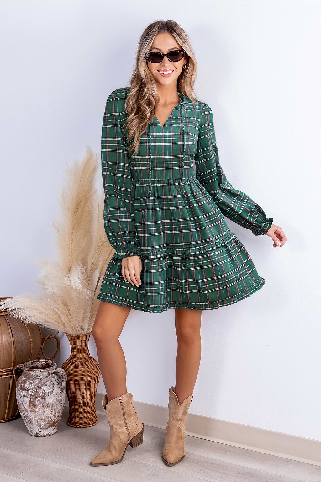 Grünes Kariertes V-Ausschnitt Minikleid