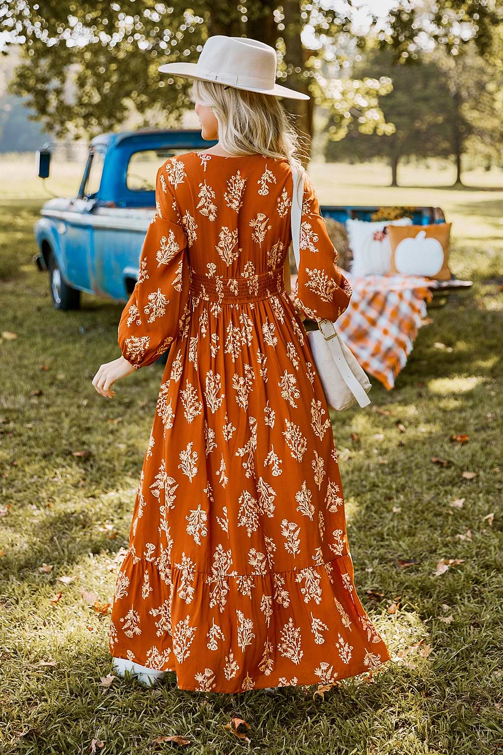 Burnt Orange Floral Blouson Sleeve Smocked Waist Maxi Dress