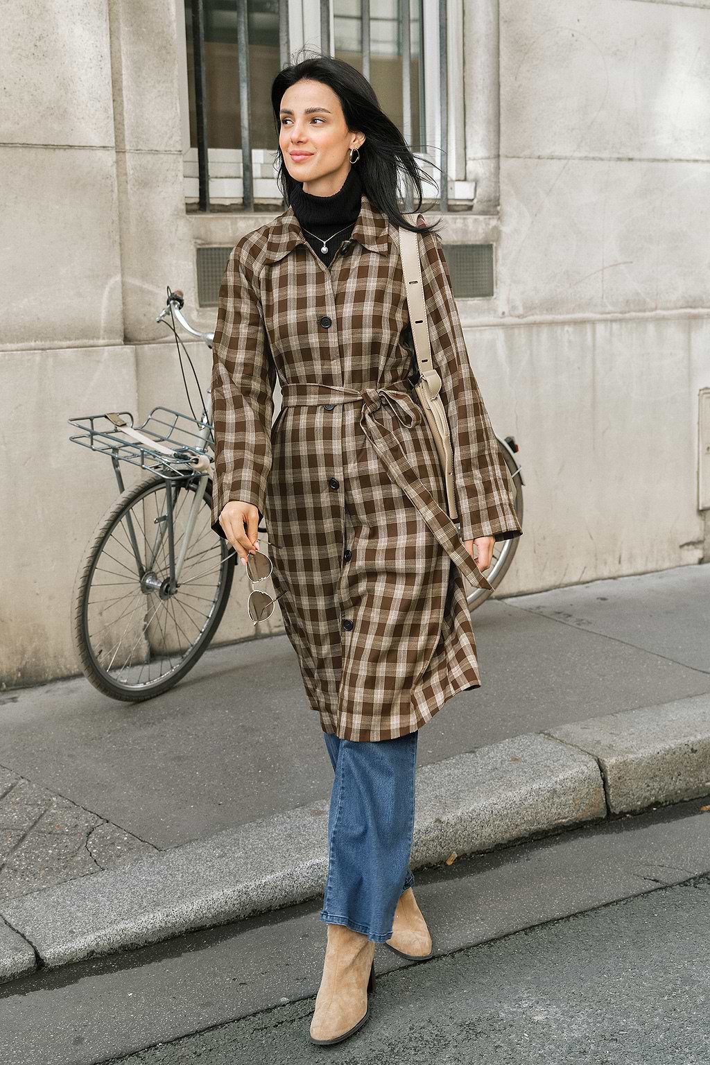 City Charm Plaid Trench Coat