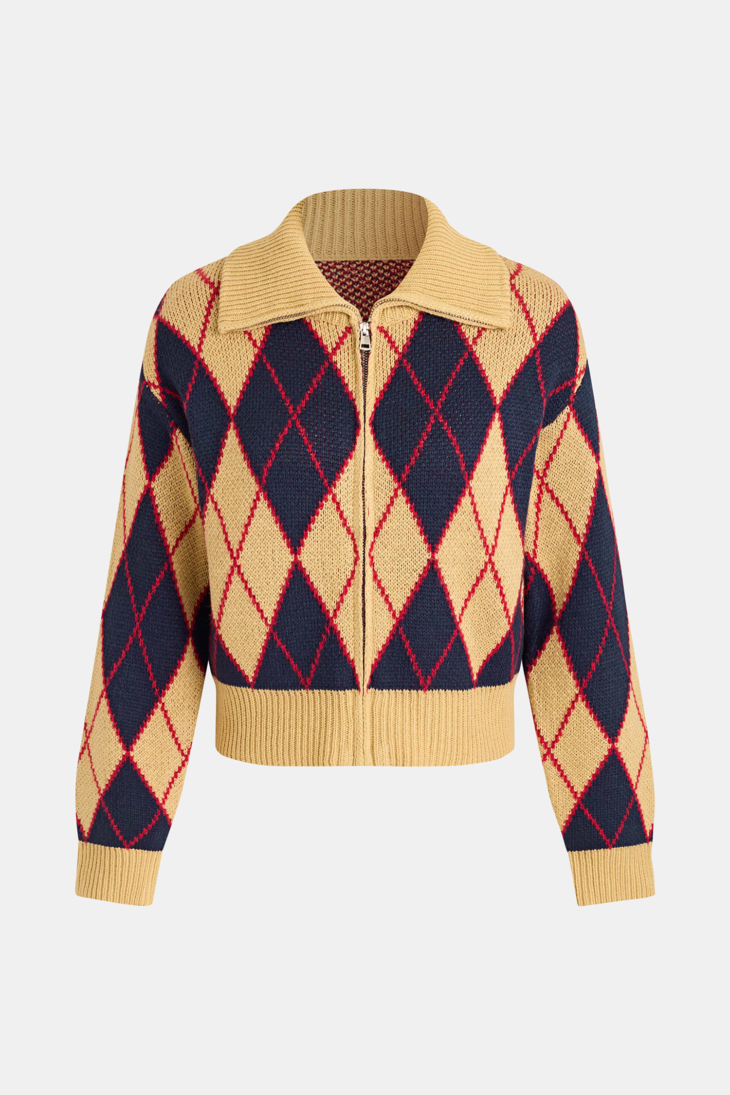 Argyle Zip-Front Knit Cardigan with Collared Neck