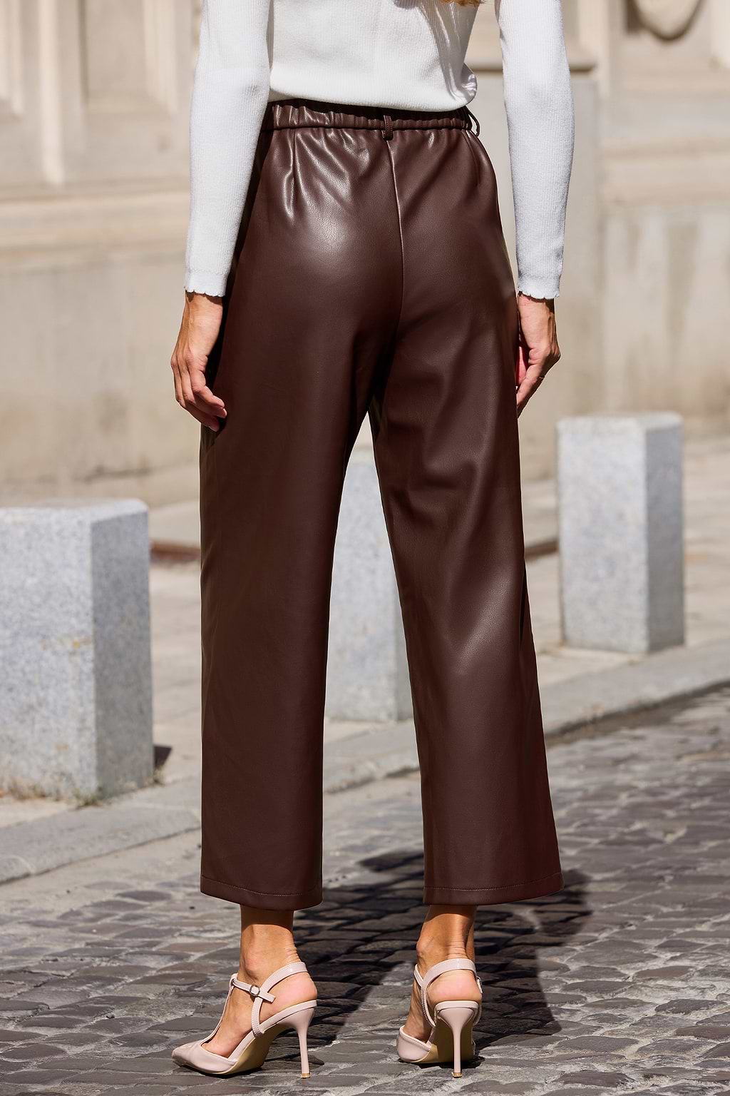 Chocolate Brown Leather Wide Leg Trousers