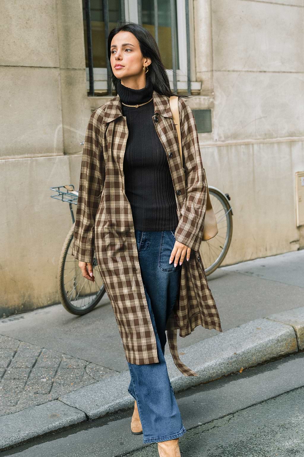 City Charm Plaid Trench Coat