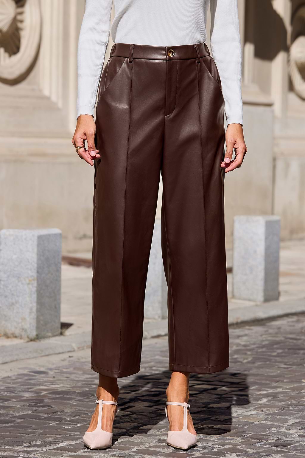Chocolate Brown Leather Wide Leg Trousers