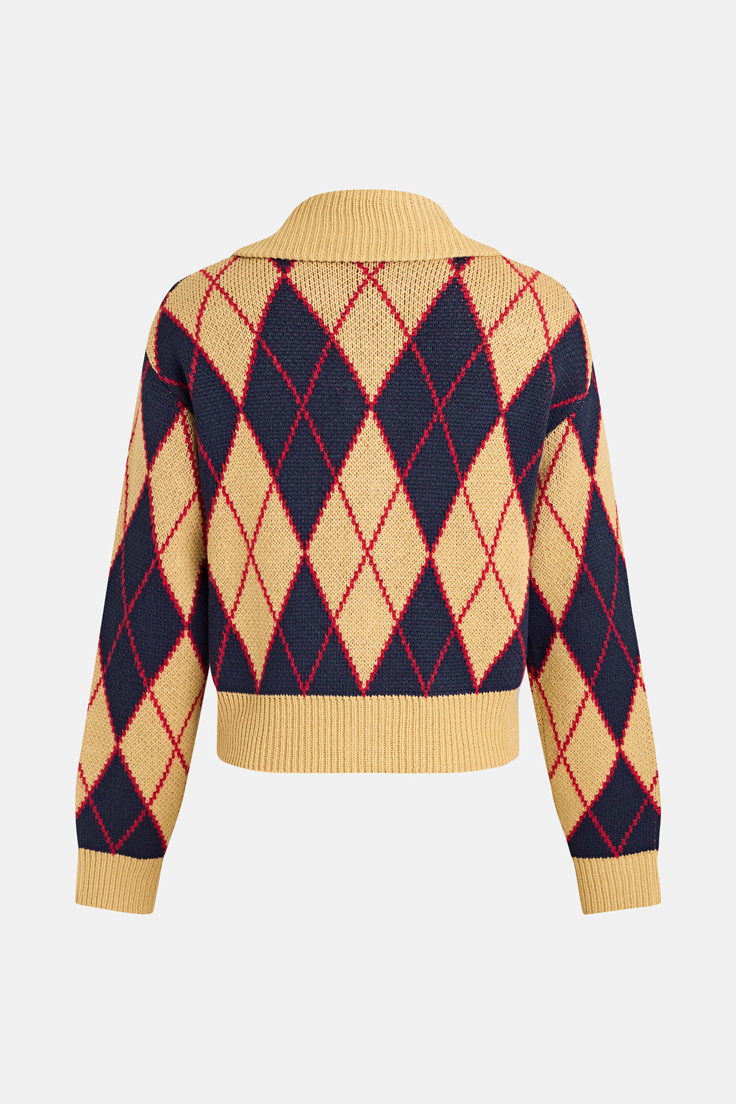 Argyle Zip-Front Knit Cardigan with Collared Neck