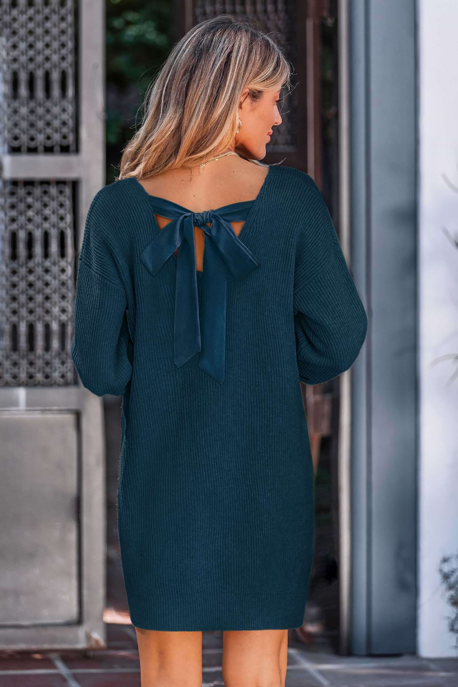 Cable Knit Open-Shoulder Turtleneck Sweater Dress