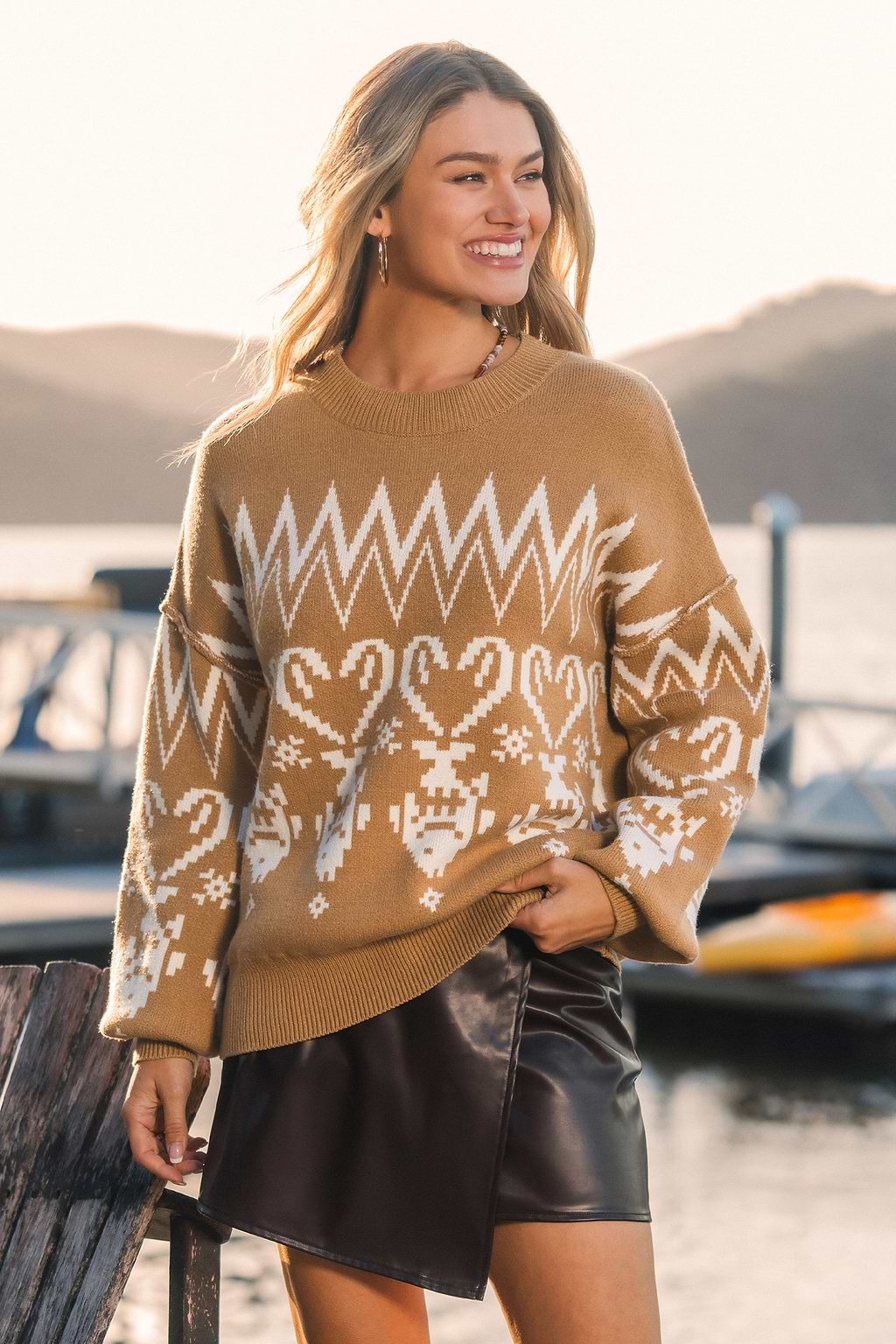 Brown Round Neck Ribbed Knit Sweater