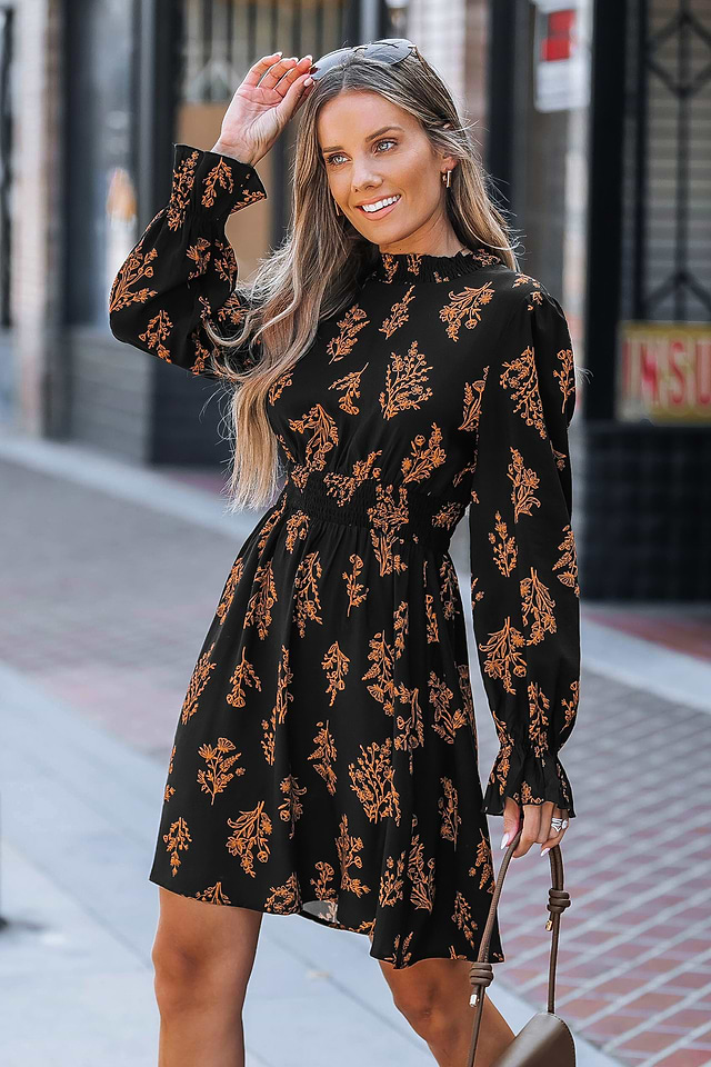 black floral mini dress long sleeve Frankie Long Sleeve Mini Dress