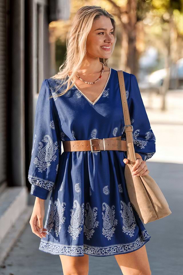 blue paisley mini dress V-Neck Long Sleeve for Vacation Color:Navy & White Bengal Stripe