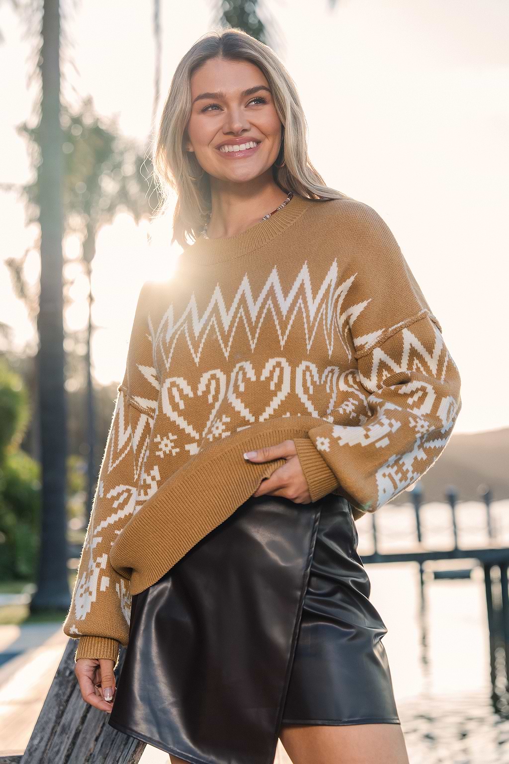 Brown Round Neck Ribbed Knit Sweater