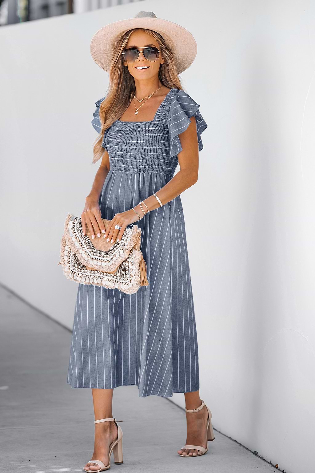 Striped Smocked Ruffle Sleeve Dress
