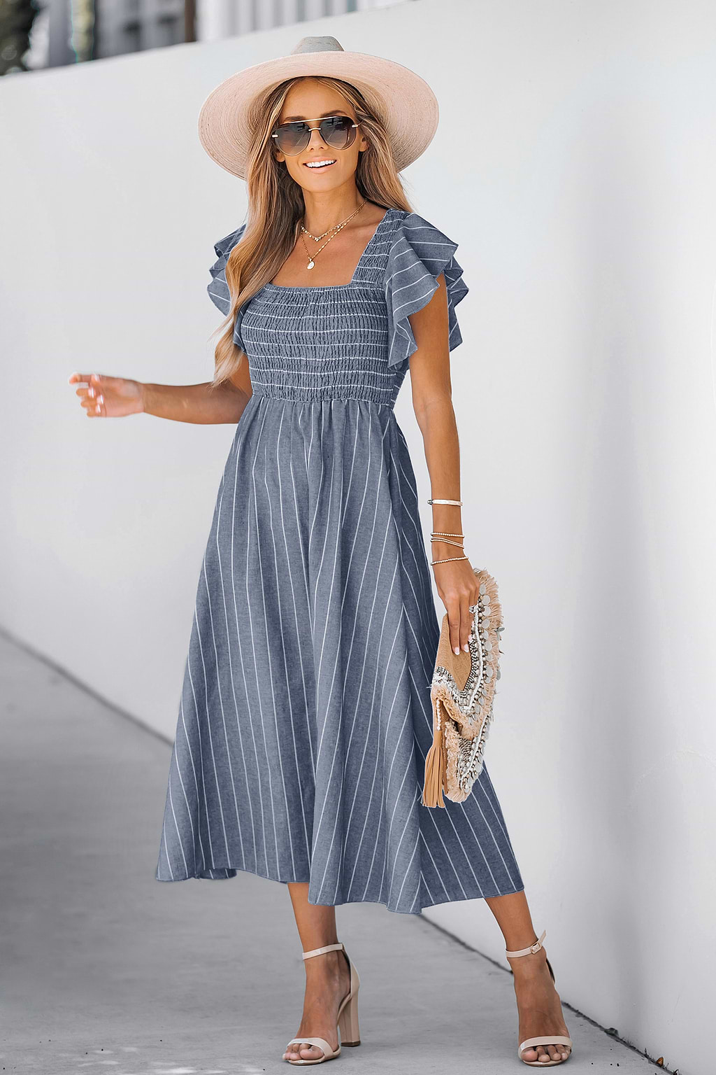 Striped Smocked Ruffle Sleeve Dress