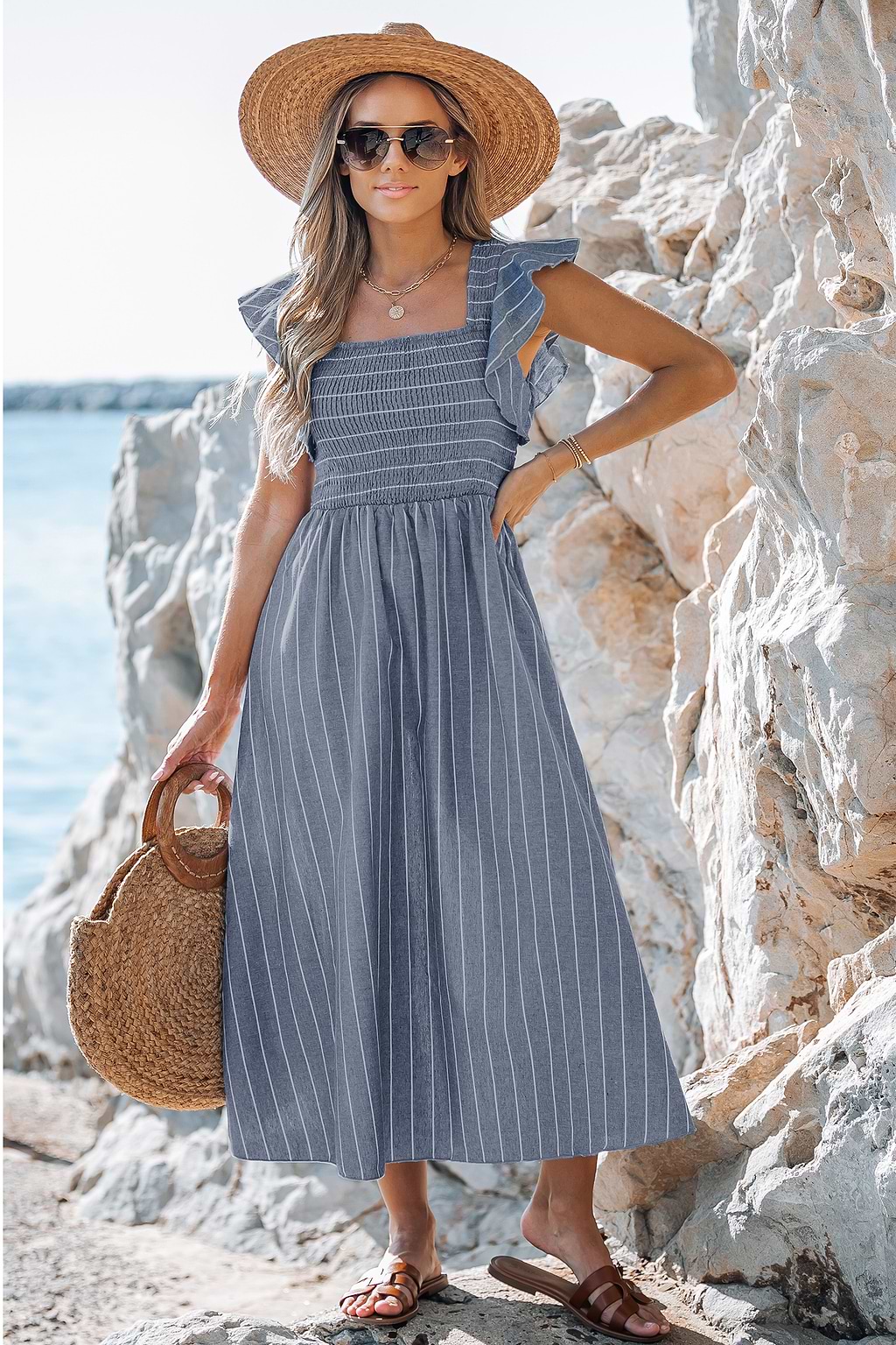 Striped Smocked Ruffle Sleeve Dress