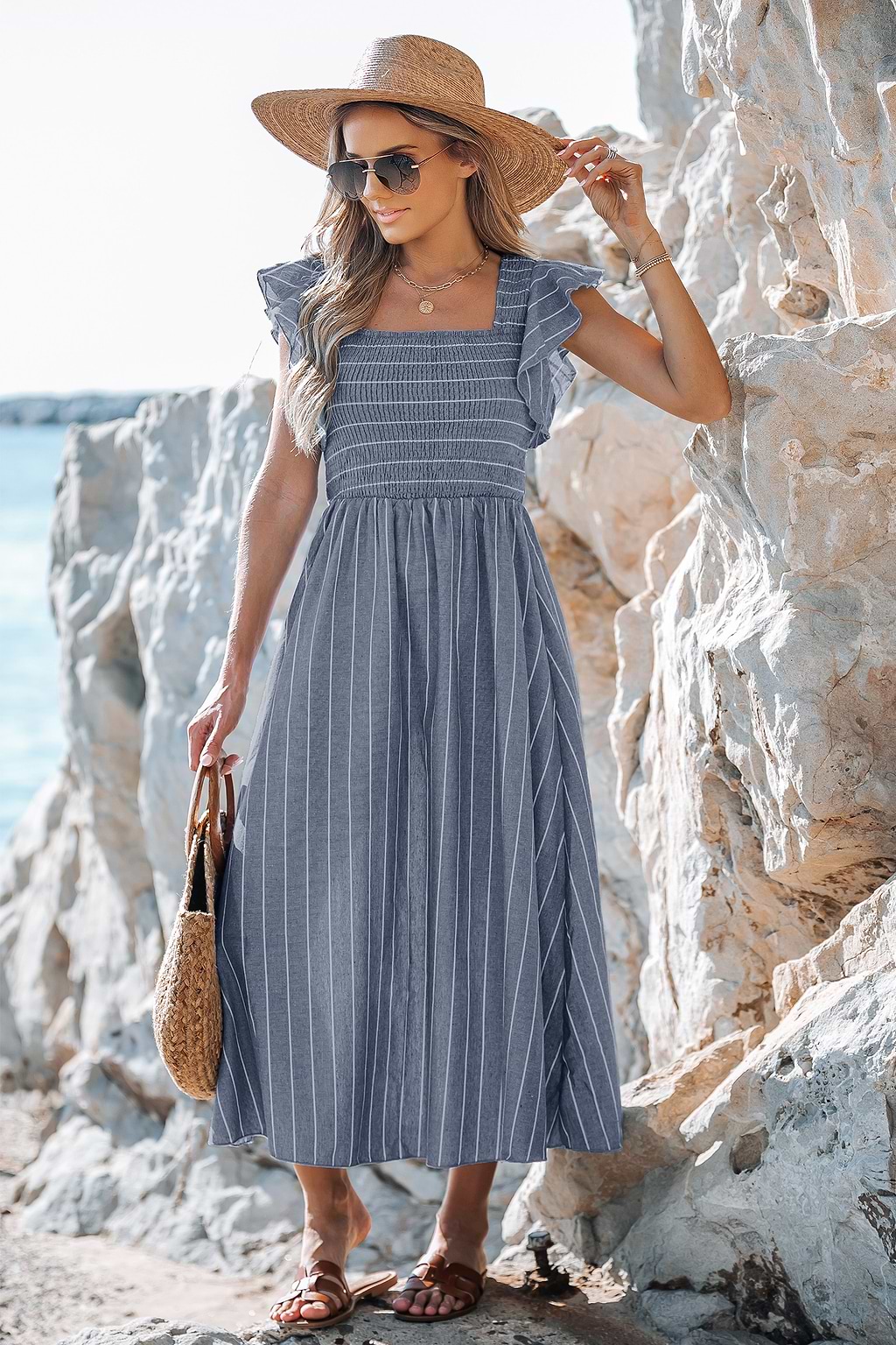 Striped Smocked Ruffle Sleeve Dress
