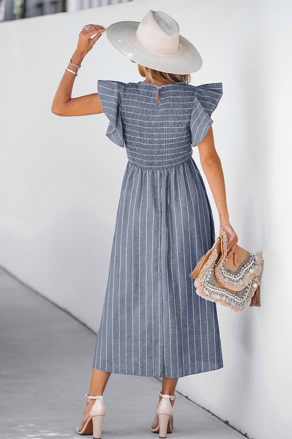 Striped Smocked Ruffle Sleeve Dress