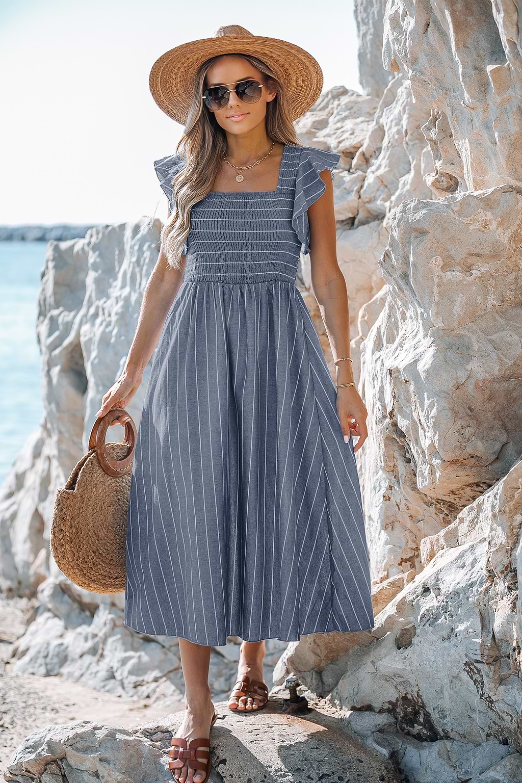 Striped Smocked Ruffle Sleeve Dress