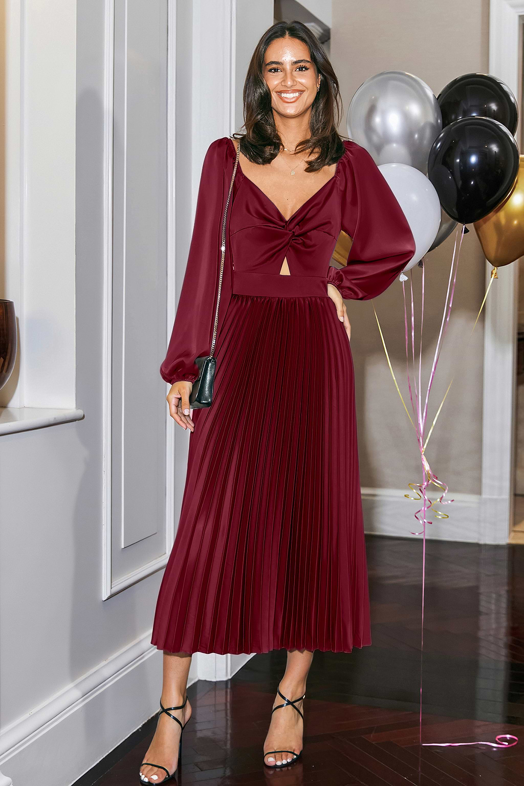 Burgunderrotes Festliches Plissiertes V-Ausschnitt Midikleid