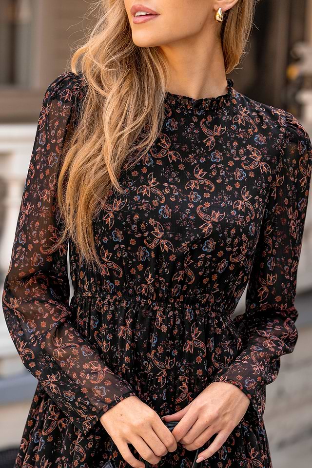 knee length dresses for ladies Black Floral High-Neck Mini Dress