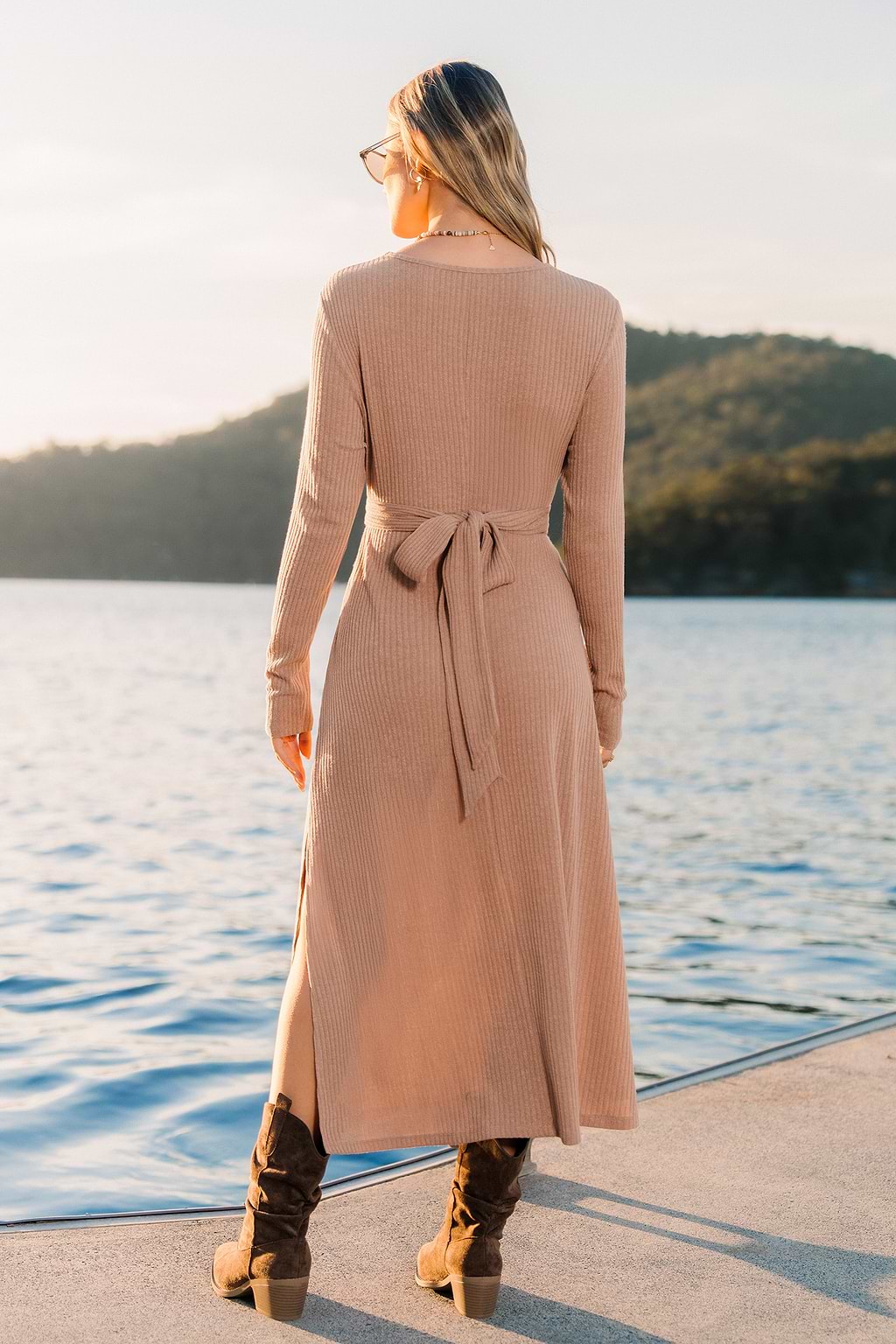 Beiges Lange Ärmel Maxikleid mit Taillengürtel