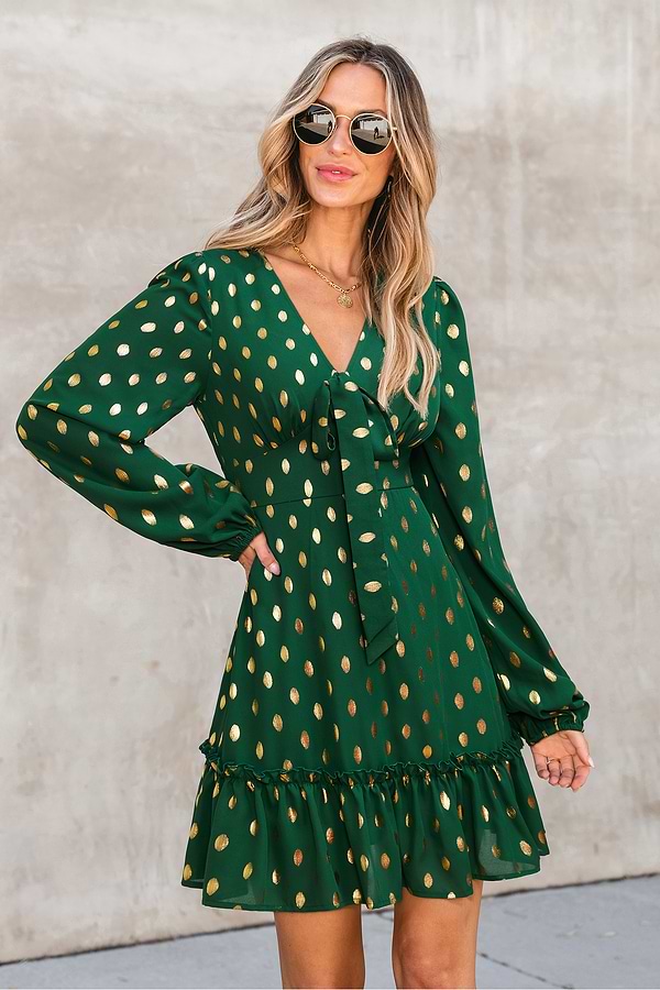 Pep Talk Polka Dot Mini Dress | Chic Green & Gold Style | Cupshe