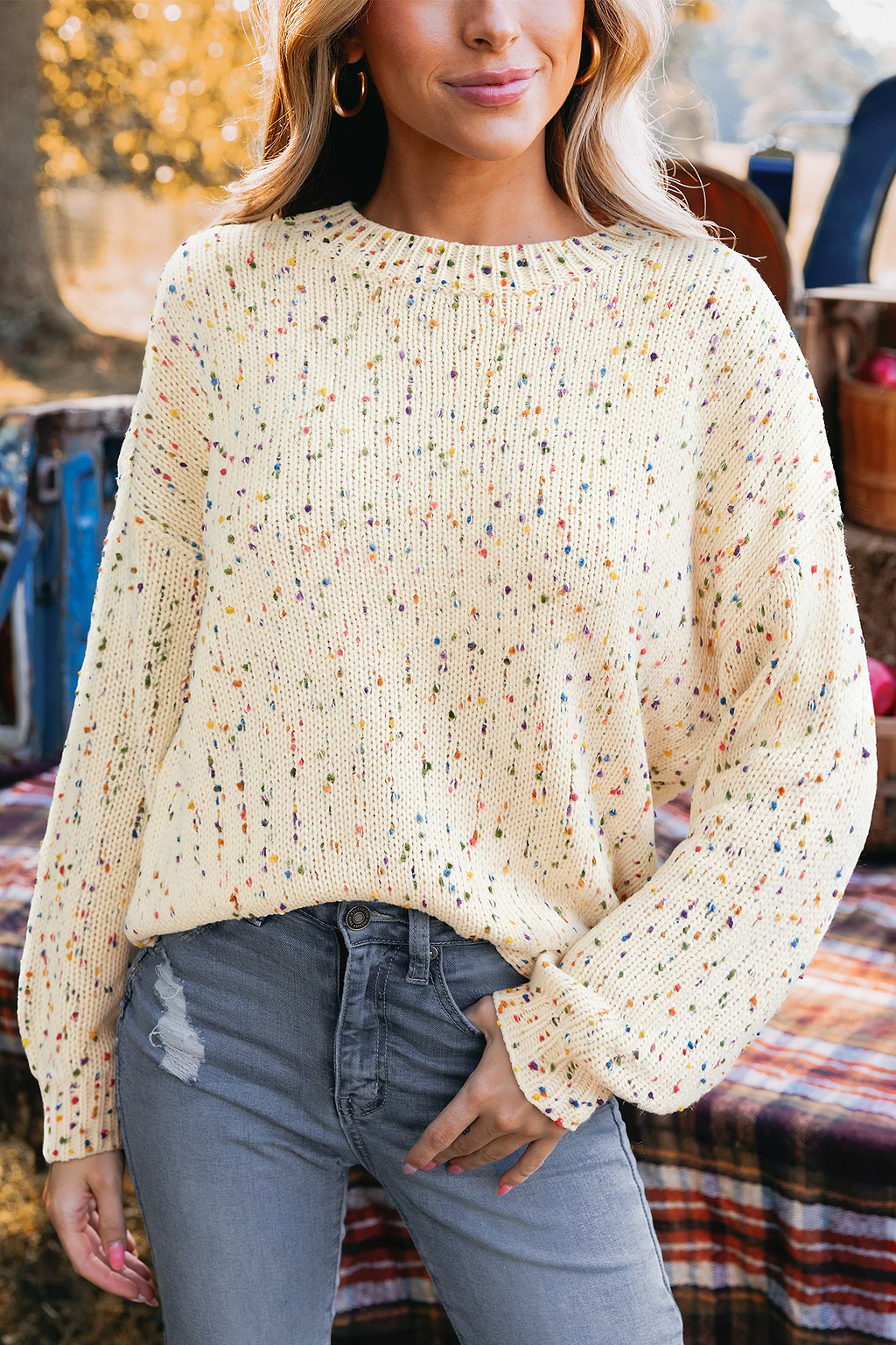 Pull crème col rond décontracté