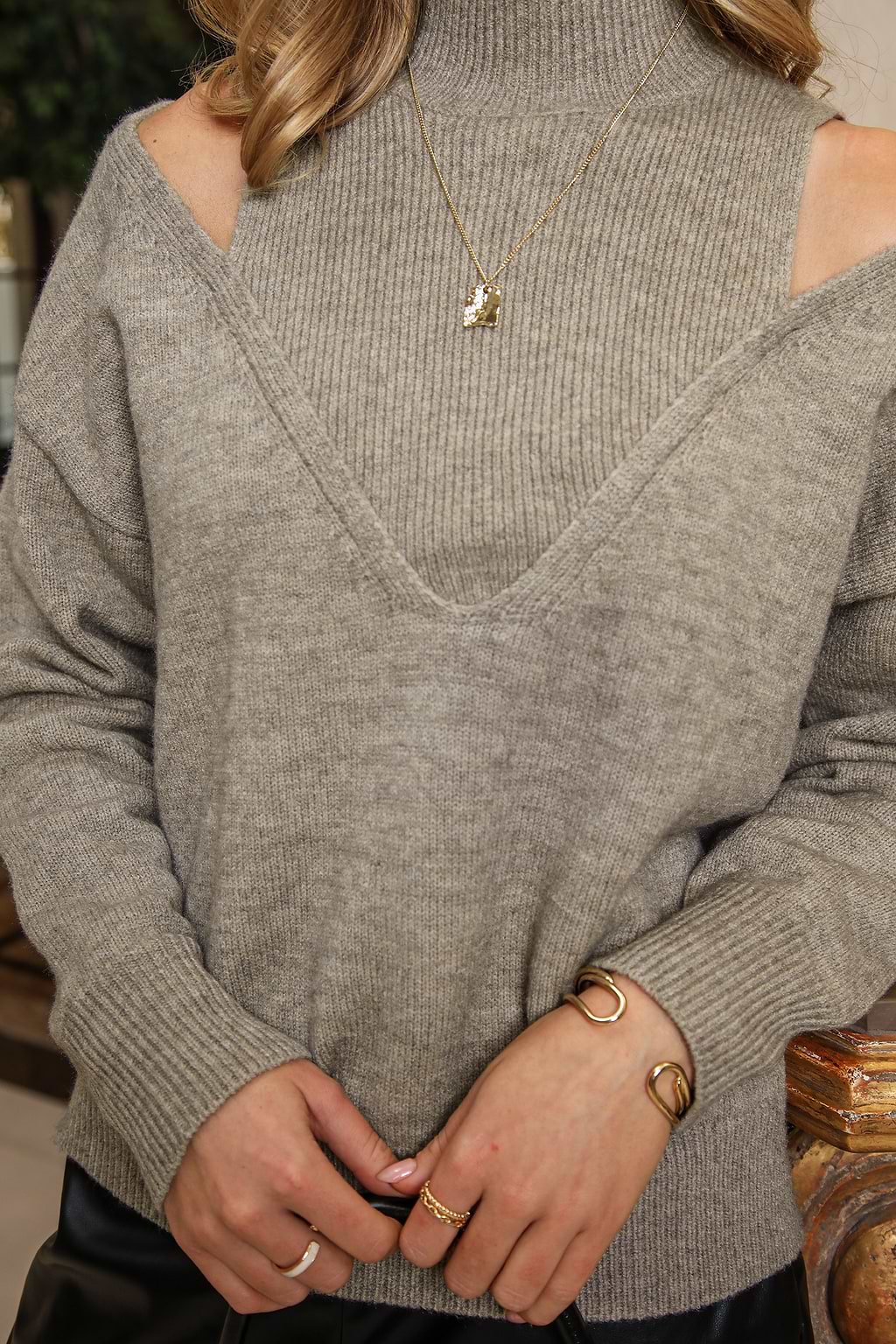 Beiger Rollkragen Pullover im Lagenlook