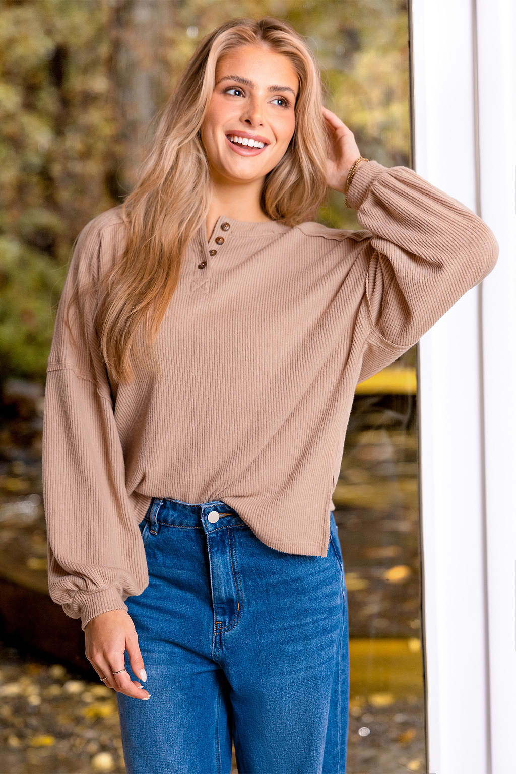 Beiges Rundhals Lockeres Top