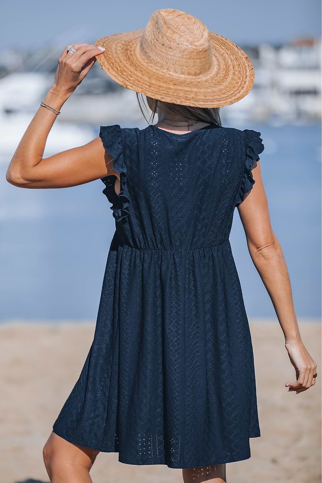 Navy Flutter Sleeve V-Neck Mini Cover-up Dress