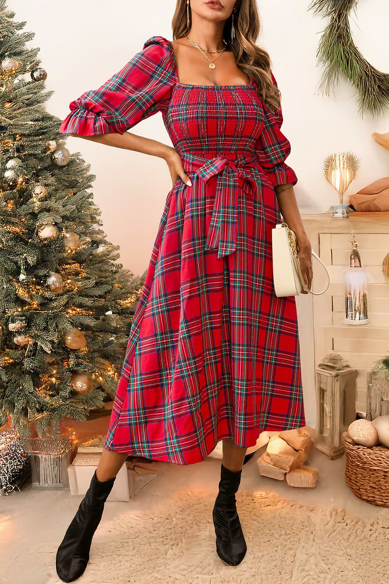 Red Belted Plaid Ruched Dress
