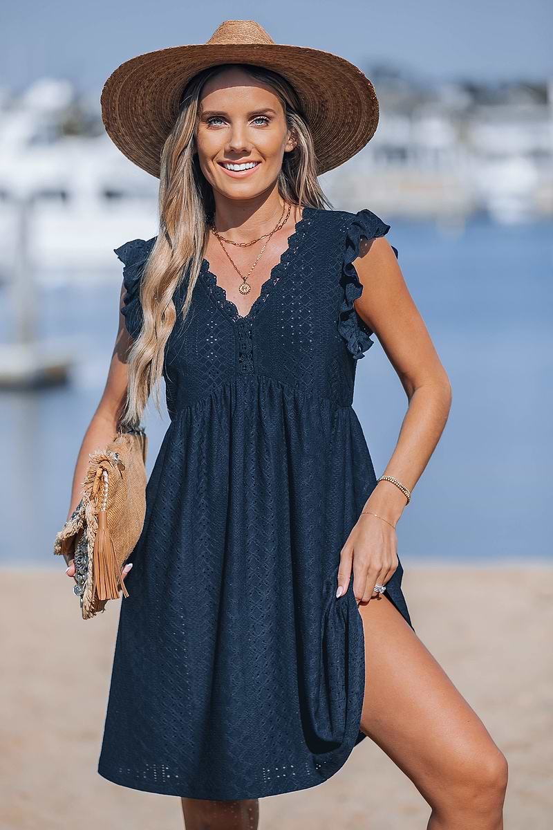 Navy Flutter Sleeve V-Neck Mini Cover-up Dress
