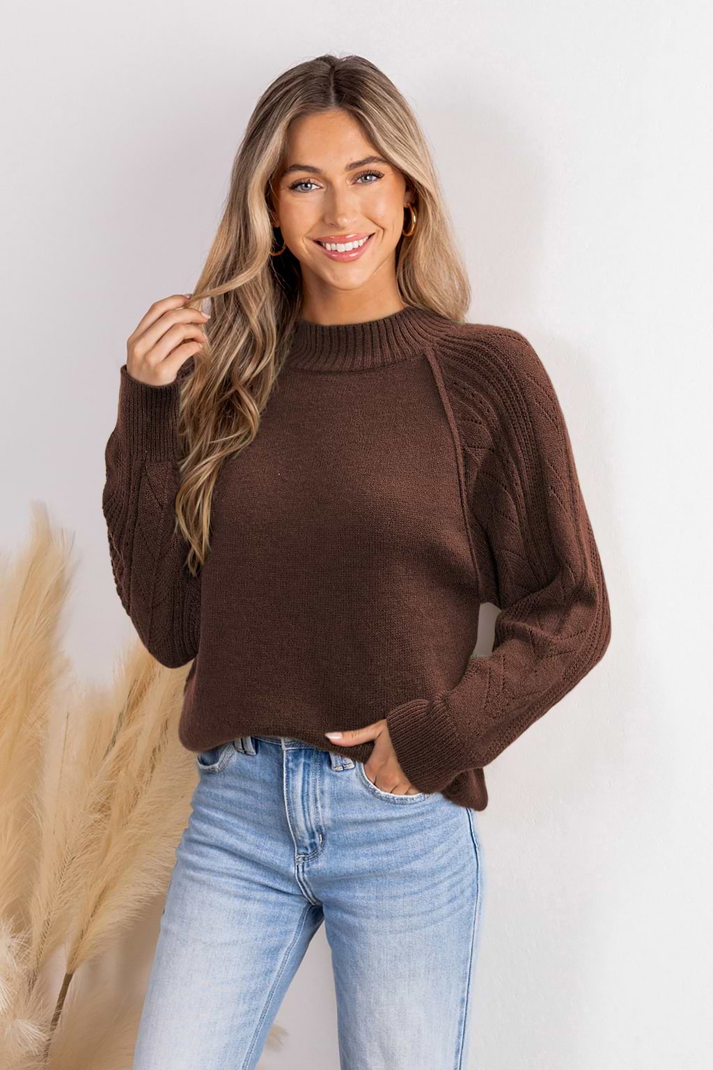 Brauner Rundhals Langarm-Pullover