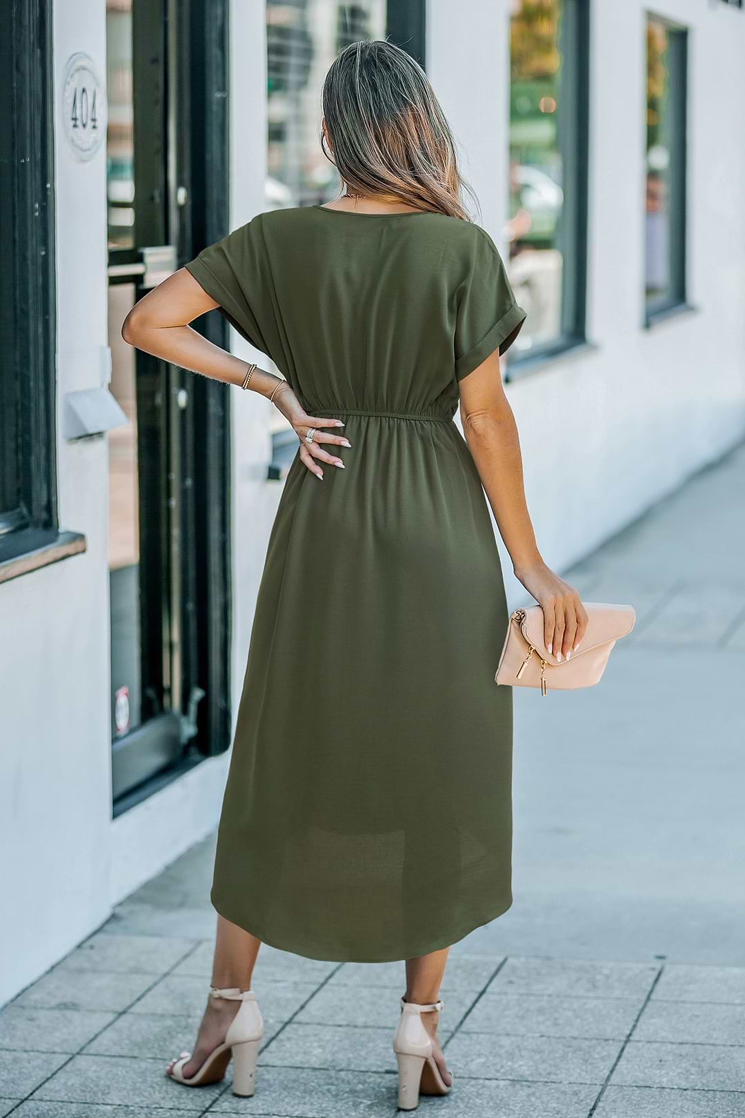 Olive Short Sleeve Waist Wrap Midi Dress
