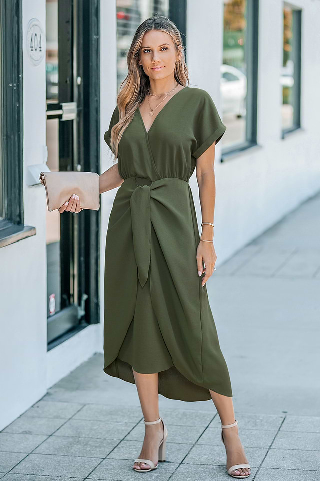 knee length dresses for ladies Lucinda Twist Back Midi Dress Olive