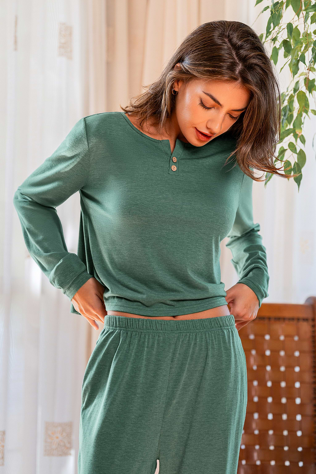 Grünes Langarm Pyjama-Set
