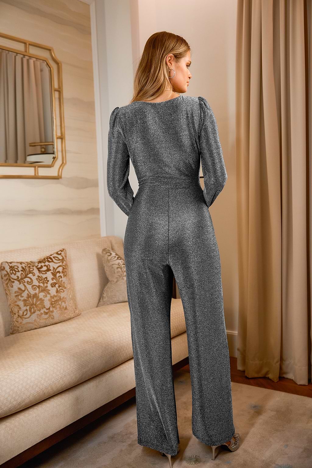 Dunkelgrauer Tiefer Ausschnitt Wide-Leg Jumpsuit